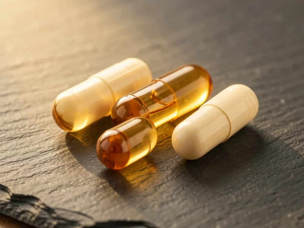 B-complex vitamin capsules on dark surface