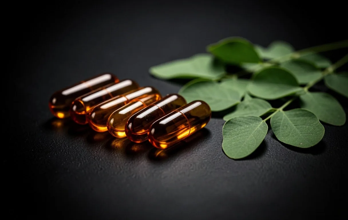 Natural supplement capsules arranged on a dark surface