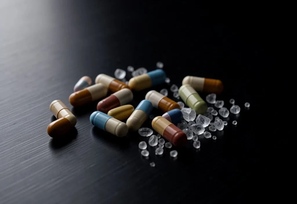Vitamin capsules and mineral supplements on dark surface