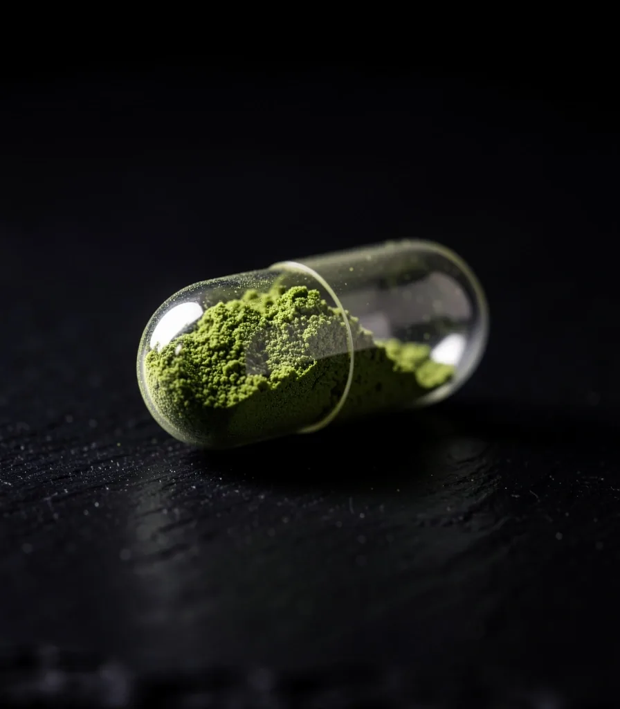 A botanical supplement capsule on a dark surface, photographed under clinical lighting