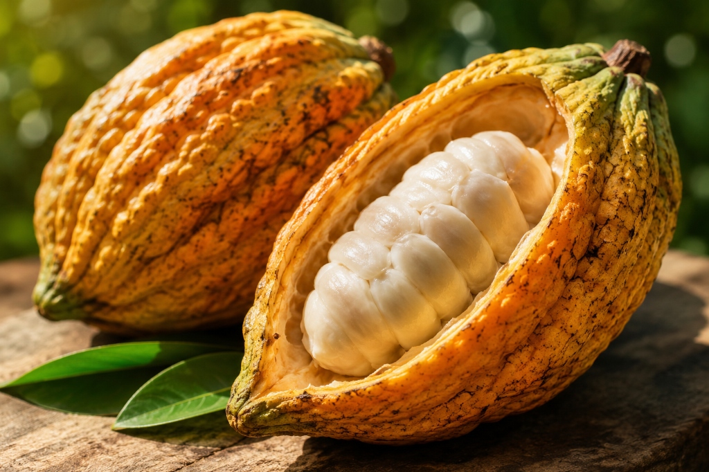 Raw cacao pod opened revealing cocoa flavanols and seeds